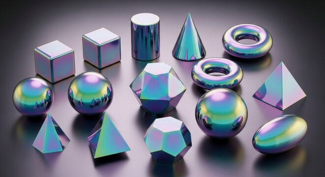 Collection of iridescent geometric shapes rendered in a studio lighting environment