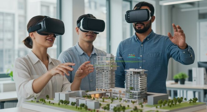 Virtual reality experience in business office space digital modern environment interactive viewpoint
