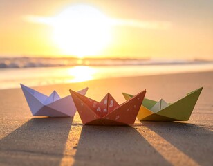 Paper Boats on Golden Sands at Sunrise