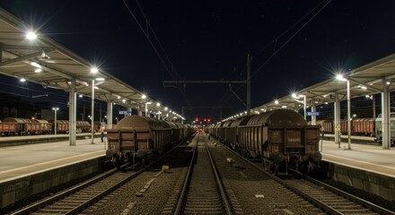 Nighttime freight train activity at railway station industrial environment wide angle viewpoint transportation concept