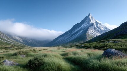 Snow Capped Mountain Peak Under Blue Sky with Lush Green Valley and White Flowers on Sunny Day in Mountainous Landscape Scenery