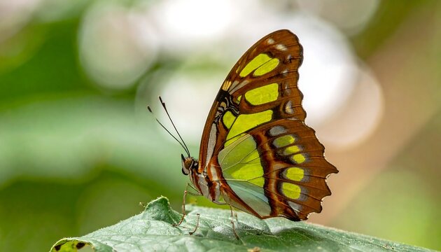 Vibrant butterfly with lime green and brown wings resting on a leaf