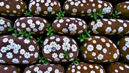 Painted Stones with Floral Designs and Green Sprouts in a Close-