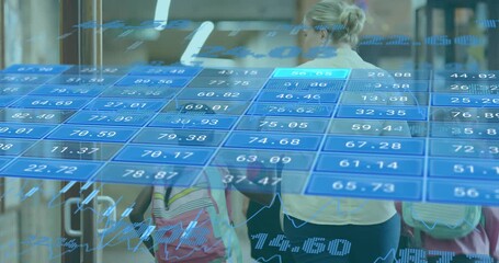 Teacher signaling and guiding student, walking past bookshelves as education data overlays updating - Powered by Adobe