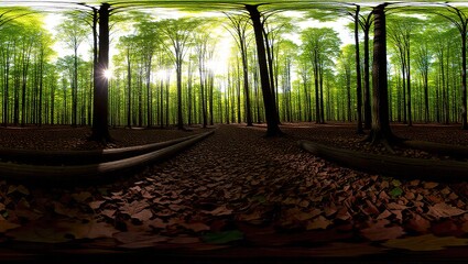 Panoramic view of a dense forest with sunlight filtering through