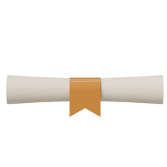 A 3D illustration of a rolled diploma or certificate tied with a golden ribbon. This minimal and modern design is suitable for concepts related to graduation, education, achievement, success