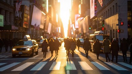 Pedestrians crossing street at sunset in New York City with yell
