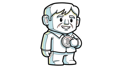 Cartoon Man Holding Bitcoin Coin, Cryptocurrency Concept