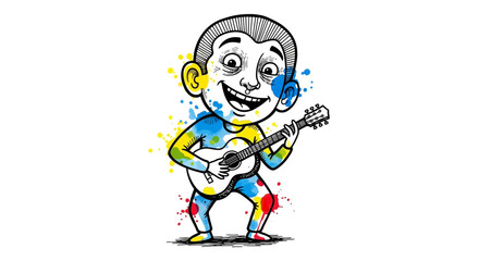 Cartoon Character Playing a Guitar with Colorful Splashes