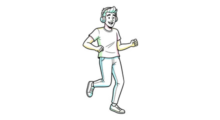 Cartoon Man Running with Headphones, Smiling and Energetic