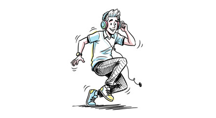 Happy Cartoon Man Dancing with Headphones