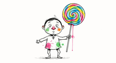 Child with Colorful Lollipop and Paint Stains