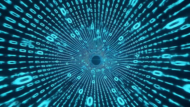 A digital tunnel of glowing blue binary code streams into a central point, creating a sense of speed and data flow.