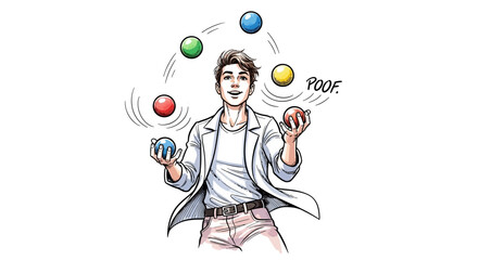Young Man Juggling Colorful Balls in Illustration