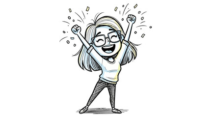 Joyful Cartoon Girl Celebrating Success with Raised Arms