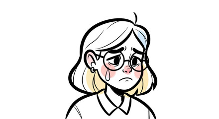 Cartoon Illustration of a Sad Girl Wearing Glasses