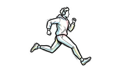 Sketch of a Man Jogging with Headphones, Active Lifestyle Illustration