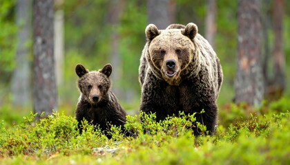 Fototapeta premium A mother brown bear and her cub stand in a lush forest, gazing directly at the viewer