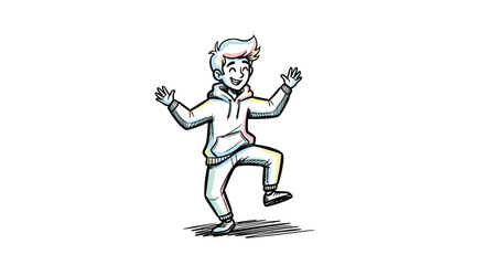 Cheerful Cartoon Boy in Hoodie with Arms Raised