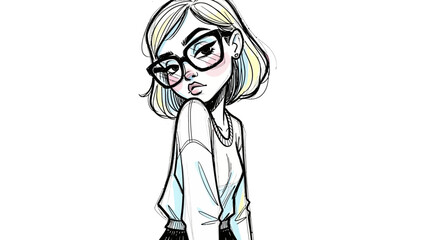 Pen-and-Ink Illustration of a Thoughtful Girl in Glasses