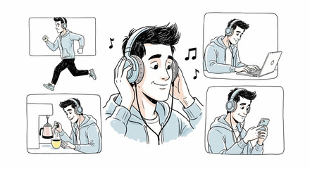 Man with Headphones in Various Activities