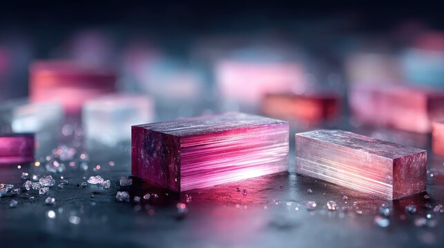Abstract Crystalline Structure with Pink and Blue Tones on Dark Reflective Surface Under Dramatic Lighting