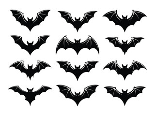 Naklejka premium Multiple bat silhouettes in flight, dark black vector symbols perfect for gothic or horror themes