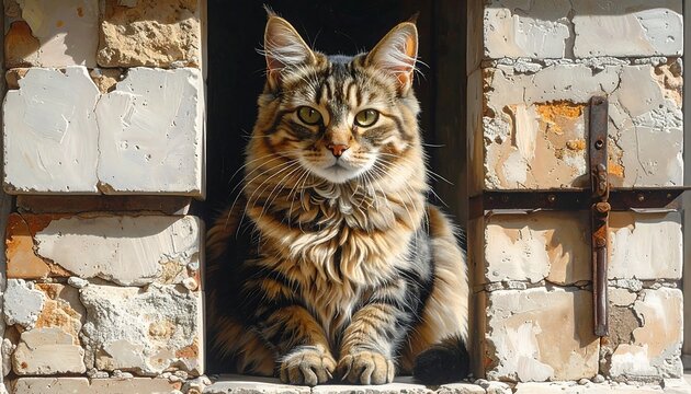 A longhaired tabby cat sits serenely in a sunlit brick alcove - Powered by Adobe