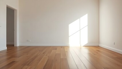 Obraz premium A minimalist living space featuring empty wooden floors and white walls in natural ambient light.