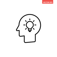 Black single head with bulb line icon, simple head thinking symbol flat design infographic pictogram vector for app logo ads web button ui ux interface elements isolated on white background