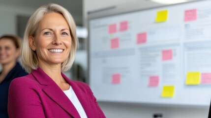 Confident Businesswoman Smiling in Office with Sticky Notes Background