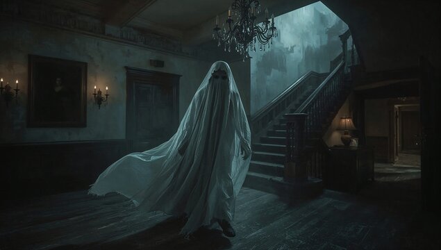Eerie spectral apparition gliding through a grand, dimly lit, haunted mansion staircase