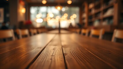 Fototapeta premium A wooden table with subtle grain texture and abstract bokeh lights, creating a warm and inviting restaurant ambiance.