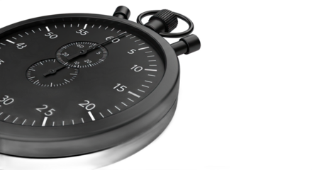 Close up of a black stopwatch on a white background showing time measurement.