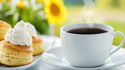 Freshly Brewed Coffee with Delicious Pastries and Sunflowers