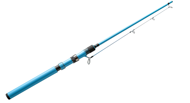 Closeup of a blue fishing rod against a white background.