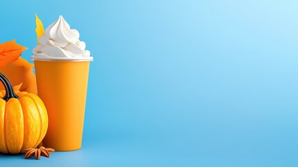 Cozy Autumn Drink with Whipped Cream and Pumpkin Decor Elements