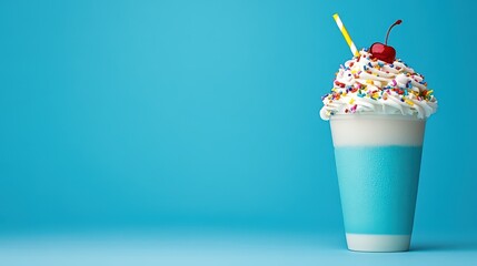 Delicious Colorful Milkshake with Cherry and Sprinkles on Blue Background
