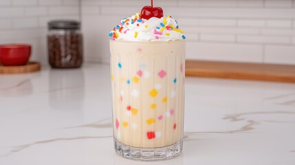 Delicious Creamy Milkshake with Colorful Sprinkles and Cherry Top