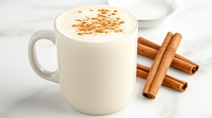 Creamy Beverage with Cinnamon Sticks on a Marble Surface