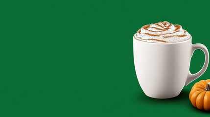 Cozy Warm Drink in White Mug with Pumpkin on Green Background