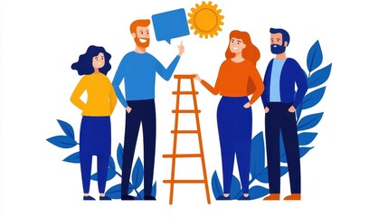 Team Collaboration in Creative Project with Ladder and Sun Icon