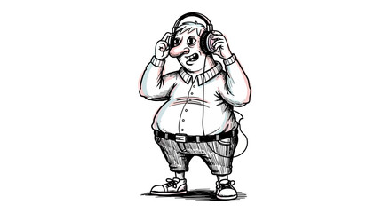 Cartoon Man with Oversized Headphones Enjoying Music