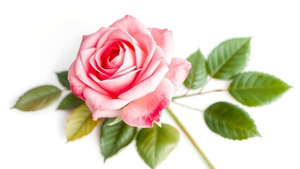 Fototapeta premium Elegant pink watercolor rose with green leaves on a soft, neutral background.