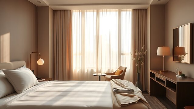 Serene hotel bedroom bathed in morning light, featuring minimalist decor and a neatly made bed.