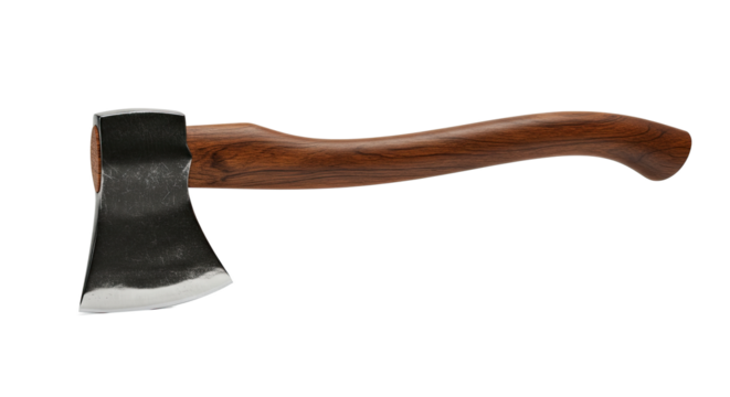 Closeup view of a traditional axe with wooden handle and steel blade.