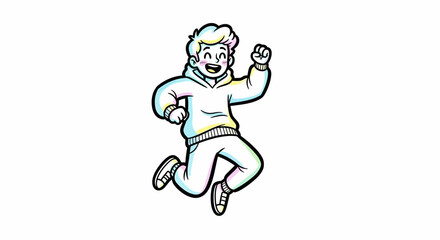 Joyful Cartoon Boy Jumping in Pastel Hoodie and Pants