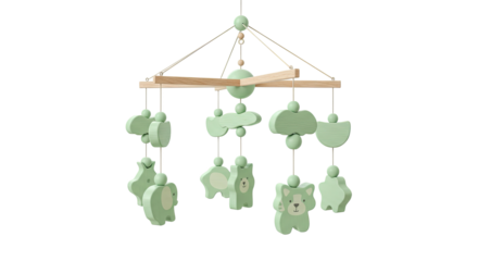 Cute green wooden baby mobile with animal shapes hanging from a wooden frame.