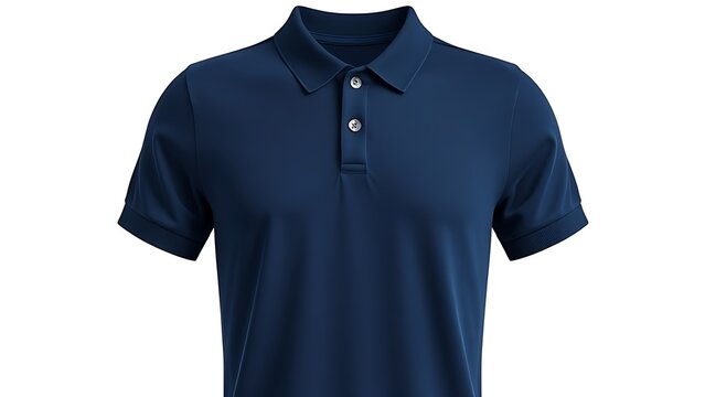 A navy short-sleeve polo shirt with ribbed details, showcasing classic casual wear.