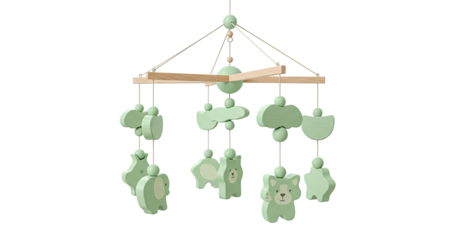 Cute green wooden baby mobile with animal shapes hanging from a wooden frame.